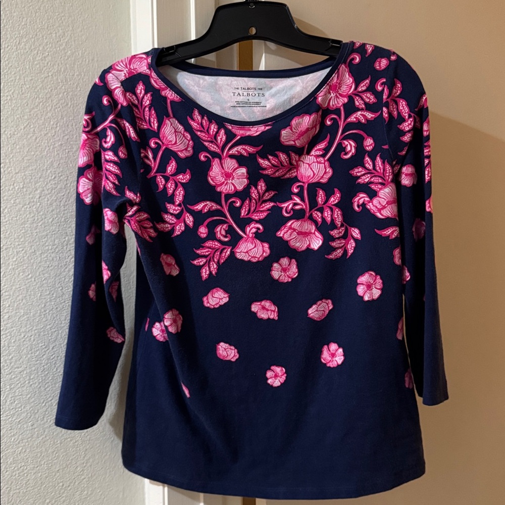 Talbots Navy Tee with Pink Floral Pattern small